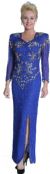 V-Neck Full Sleeves Beaded Formal Gown with Keyhole Back in Royal Blue/Silver